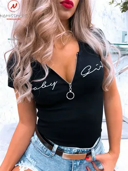 Femei De Moda Casual De Vara T-Shirt Design Mozaic Fermoar Decor O-Gat Maneci Scurte Scrisoare De Imprimare Slim Pulovere Top