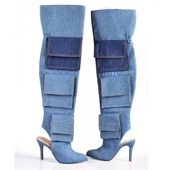 Femei De Moda De Buzunar Coapsei Cizme Înalte Tocuri Subtiri De Mare Cizme De Cowboy Lady Subliniat Toe Club De Noapte Pantofi Femei 2020 Toamna Anului Nou