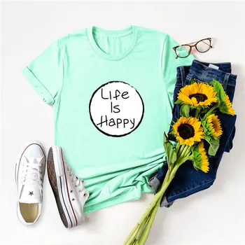 Femei de Moda Topuri Viața Este Fericită Scrisori de Imprimare Plus Dimensiune T-Shirt din Bumbac Tricou Femei O-Gat Maneci Scurte Tee Vara T-shirt