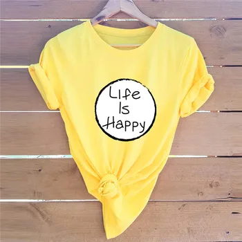 Femei de Moda Topuri Viața Este Fericită Scrisori de Imprimare Plus Dimensiune T-Shirt din Bumbac Tricou Femei O-Gat Maneci Scurte Tee Vara T-shirt
