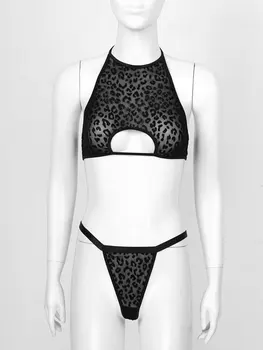 Femei Femei Leopard Print Exotic Seturi de Lenjerie Vedea Prin Ochiuri Două Piese Bikini Lenjerie Sutien cu T-Spate Boxeri Chiloți