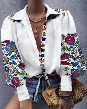 Femei Florale Albe stil Etnic Brodate bluze Și Topuri cu Maneci Lungi Rândul său, în Jos Guler Camasa Eleganta Florale Topuri Largi Casual