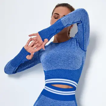 Femei Fără Sudură Top Cu Maneci Lungi Yoga Tricouri Top Trunchiate Sala De Fitness Tricou Gol A Ochiurilor De Plasă De Sport De Top Din Tricot Cu Dungi T Shirt