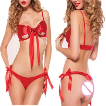 Femei O Mărime Roșu Bowknot Reglabile Curea Sutien Bikini Sexy G-tanga Set de Lenjerie de corp