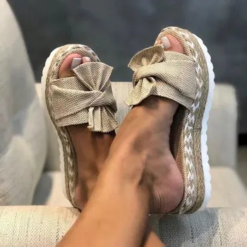 Femei Papuci De Vară 2020 Pene Platforma Mijlocul Tocuri Papion Peep Toe Slide-Uri De Moda De Plajă În Aer Liber Doamnelor Pantofi De Zapatos De Mujer