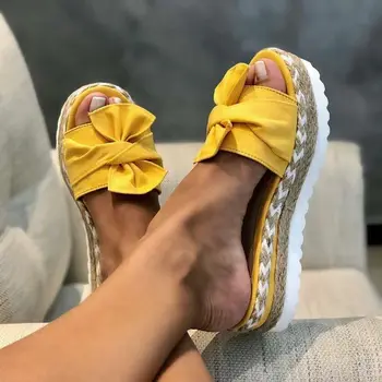 Femei Papuci De Vară 2020 Pene Platforma Mijlocul Tocuri Papion Peep Toe Slide-Uri De Moda De Plajă În Aer Liber Doamnelor Pantofi De Zapatos De Mujer