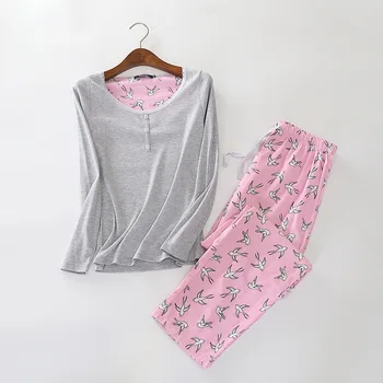 Femei Pijama Set Jacheta Tricotata din Bumbac Pantaloni de Primăvară și de Toamnă Pijamale Desene animate cu Maneca Lunga Plus Dimensiune Sleepwear Pijamale