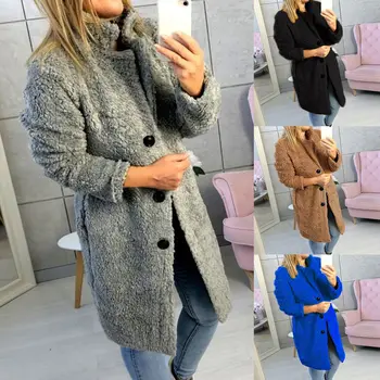 Femei Pluș haina de toamna iarna Femei Buton Sacou Casual Cald turndown guler de blană Uza Mid-Lungime Lână jachete