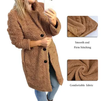 Femei Pluș haina de toamna iarna Femei Buton Sacou Casual Cald turndown guler de blană Uza Mid-Lungime Lână jachete