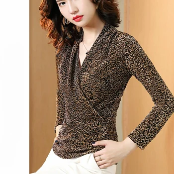 Femei Primavara Toamna Stil Bluze Tricou Femei Paiete Slim Leopard Imprimate cu Maneca Lunga Elegante V-gât Topuri DD8768