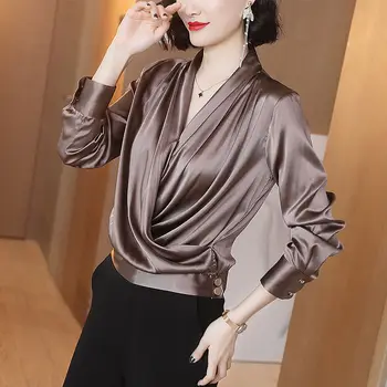 Femei Primavara Toamna Stil de Mătase Bluze Tricouri Femei Butonul V-Neck Maneca Lunga Culoare Solidă Butonul coreean Elegante, Topuri SP663