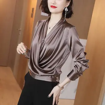 Femei Primavara Toamna Stil de Mătase Bluze Tricouri Femei Butonul V-Neck Maneca Lunga Culoare Solidă Butonul coreean Elegante, Topuri SP663
