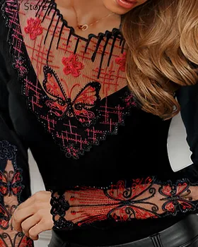 Femei Pur Fluture Plasă De Mozaic Împânzit De Proiectare Maneca Lunga Bluza De Mari Dimensiuni