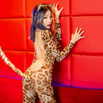 Femei Sexy Cosplay Foc Sălbatic Leopard Plasă de Ciorap de Corp Deschide Picioare Backless Body cu Frizură și Coada Set de Lenjerie Sexy