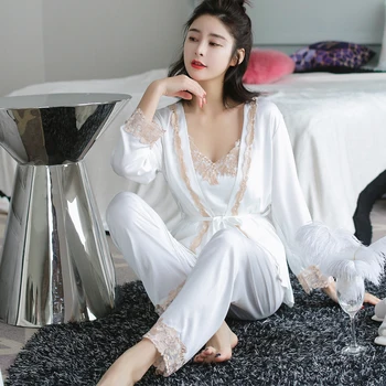Femei Sexy Pijamale Costum Lady Top De Curea De Pantaloni De Pijamale Trei Piese, Camasa De Noapte, Halat Kimono Acasă Purta Halat De Baie Seturi Cămașă De Noapte