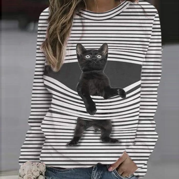 Femei T-Shirt cu Maneca Lunga Bluze 2021 Cat de Imprimare Tricouri frumoase de Primăvară Bază Casual, O-Neck Tee Pulover Vrac Topuri pentru Femei