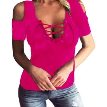 Femei T Shirt Sexy Casual de Vara Hollow Out Dantelă Sus Criss Cross V Gât Bandaj Maneca Scurta Topuri Plus Dimensiune S-5XL 6Q2086