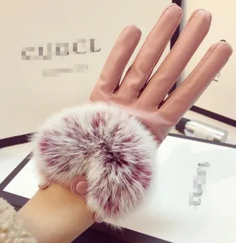 Femei Toamna Iarna Cald Îngroșa PU Piele Mănuși touchscreen de sex Feminin autentic blana de iepure roz Mănuși de Conducere R1099