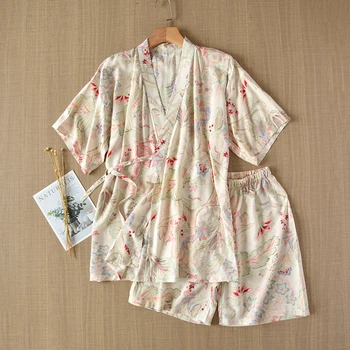 Femei Vara Subțire cu Mânecă Scurtă, pantaloni Scurți de Pijama Largi Kimono Pijama Mujer de Agrement de Imprimare Pijamale Reci Confortabil 2 Bucata