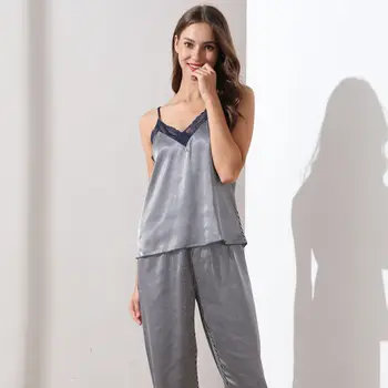 Femeii Dantela Sexy V Duce Banda Bretele Pantaloni Set Pijamale Liber Confortabil Pijamale Satin
