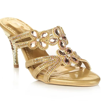 Femeile 2019 Vara Noi Corium Toc Subțire De Mare Stras Moda Papuci Din Piele Adevărată Cristal De Dimensiuni Mari 41 42 Sexy Sandale Pantofi