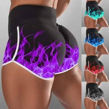 Femeile cu Talie Înaltă Yoga pantaloni Scurți Flacără de Foc 3D Imprimate Fund de Ridicare Dresuri pantaloni Scurți BMF88
