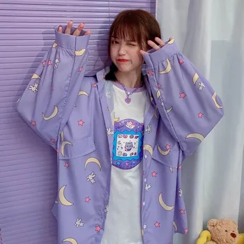 Femeile Japoneze Tricouri Coreeană Stil Kawaii Jk Uniformă Bluze Femei Supradimensionat Drăguț Designer Luna De Imprimare Butonul Până Camasi Toamna