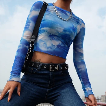 Femeile O-gât Trunchiate Cer Albastru Nori Albi Tipărite Streetwear T-shirt Streetwear tricou Femme Sexy cu Ochiuri Maneca Lunga Tricou