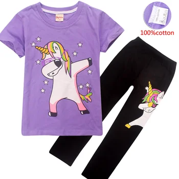 Fete Tamponare Unicorn Haioase Pijamale Copii Topuri de Vara Fete Pijamale cu Maneci Scurte T shirt + legging Seturi de Copii Pijamas Haine