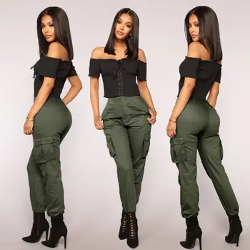 Fierbinte De Vânzare De Moda Primavara Toamna Stretch Femei Pantaloni Cu Talie Înaltă Încărcătură Doamnelor Pantaloni Kaki De Armata Verde Negru Pantaloni Lungi Casual