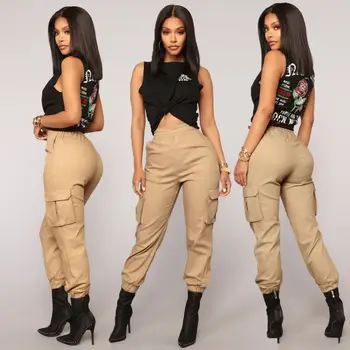 Fierbinte De Vânzare De Moda Primavara Toamna Stretch Femei Pantaloni Cu Talie Înaltă Încărcătură Doamnelor Pantaloni Kaki De Armata Verde Negru Pantaloni Lungi Casual