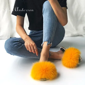 Flip-Flops, Papuci de Femei 2020 Sandale Real Blană de Vulpe Designer Slide-uri de Cristal Decor Strălucire de sex Feminin Pufos Pantofi în aer liber