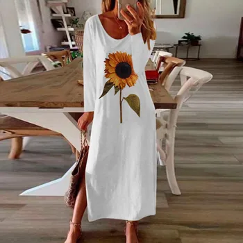 Floarea-soarelui de Imprimare 3D Split Vara Rochie de Toamna Femei Elegante 2020 Maneca Lunga Alb Plus Dimensiune Maxi Rochii pentru Femei Vestidos
