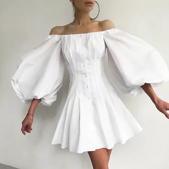 Foridol de pe umăr vinatge rochie de petrecere femei butonul felinar alb cu mânecă rochie de toamna iarna pistă scurtă rochie eleganta 2020