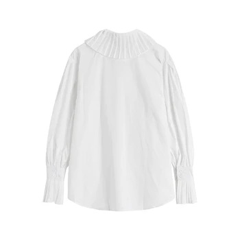 Francez De Epocă Button Up Shirt Femei Peter Pan Guler Stil Dulce Zburli Mâneci Cutat De Sex Feminin Bluze Topuri Albă Cămașă De Moda