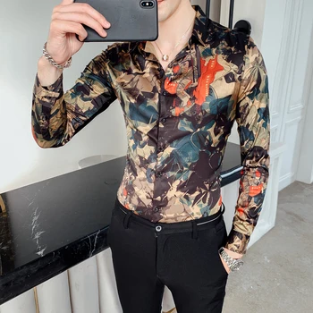 Frunze de Imprimare Tricou Barbati Floare Tricou Tricouri Casual Slim Fit Rochie de Petrecere Cămașă de Moda 2019 Toamna cu Maneca Lunga Print Digital Bărbați 4xl