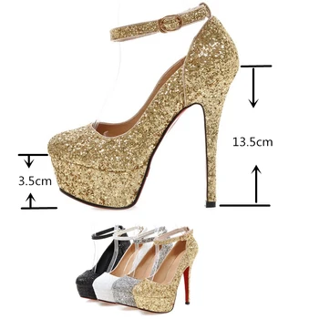 FURA CAT 13.5 cm Stiletto Ultra high heels Sclipici Nunta Pompe de Platforma Glezna curea Cataramă de Aur, argint Pantofi de Mireasa petrecere US12