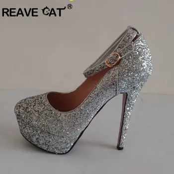 FURA CAT 13.5 cm Stiletto Ultra high heels Sclipici Nunta Pompe de Platforma Glezna curea Cataramă de Aur, argint Pantofi de Mireasa petrecere US12