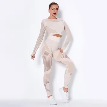 Fără sudură Net Gaura iute Uscat Sudoare de Absorbție Femei Yoga Set Sport cu Mâneci Lungi + Pantaloni Lungi cu Dungi de Fitness Yoga Costum