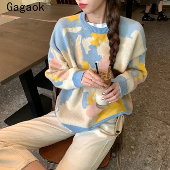 Gagaok Femei Tricotate Moda Drăguț Pulover De Primavara Toamna V-Neck Lantern Maneca Broderii Florale Harajuku Femei Cardigan