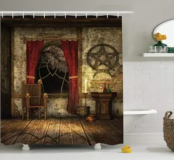 Gotic Perdea de Duș Pentagrama Simbol în lumina Lumânărilor Perdele Roșii în Mistica Medievală Camera Spirituală Decor Baie