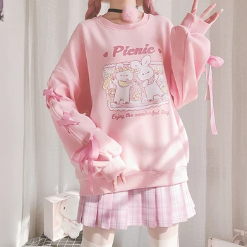 Harajuku Drăguț Bunny Femei Hoodies Lolita Roz Cu Maneci Lungi Tricou Femeie Dulce Fată Drăguță Iepure Anime Grafic Pulover 2021