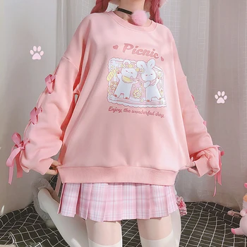 Harajuku Drăguț Bunny Femei Hoodies Lolita Roz Cu Maneci Lungi Tricou Femeie Dulce Fată Drăguță Iepure Anime Grafic Pulover 2021