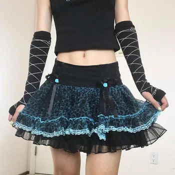 Harajuku Gotic-Linie Leopard De Imprimare Fuste Femei Pastel Goth Plasă De Punk Mozaic De Înaltă Talie Mini Saias Femme Kwaii Streetwear