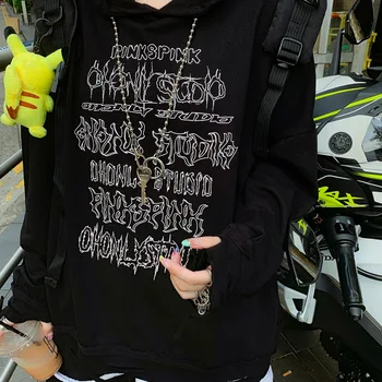 Harajuku Serie Închis Tricou Barbat Femeie Lanț Colier Scrisoarea Imprimate Distrugerea Hanorace Top Negru Hip-hop Chic Streetwear