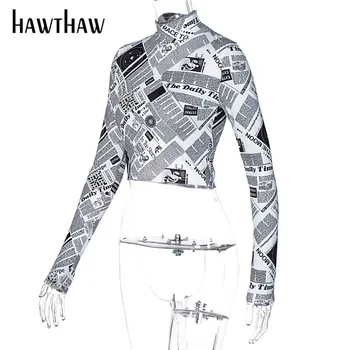 Hawthaw Femei De Moda Toamna Scrisoarea Imprimate Maneca Lunga Slim Tricou Tricouri Topuri Scurte Haine De Toamna Slab 2020