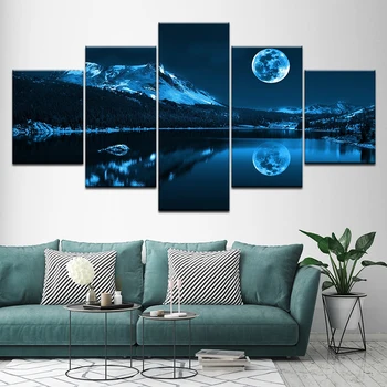 Hd Cinci Piese Set Imprimare Panza Pictura Blue Moon Peisaj Vedere De Noapte Acasă Decorare Arta De Perete Modular Tablou Fără Ramă