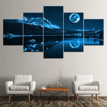 Hd Cinci Piese Set Imprimare Panza Pictura Blue Moon Peisaj Vedere De Noapte Acasă Decorare Arta De Perete Modular Tablou Fără Ramă