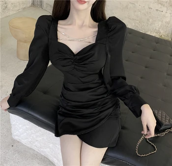Hepburn stil rochie neagră pătrat guler femei rochie de toamna cu mâneci lungi slim montarea pachetului hip rochie scurta 2020 stil nou