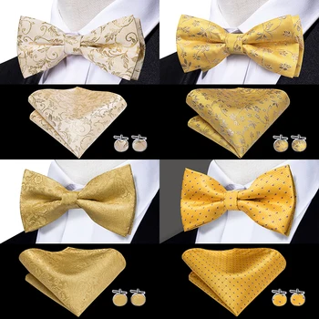 Hi-Cravată de Aur de Lux Florale Puncte Papion pentru Barbati Adult Fluture Galben Papion și batistă de Buzunar Butoni pentru Barbati Petrecerea de Nunta